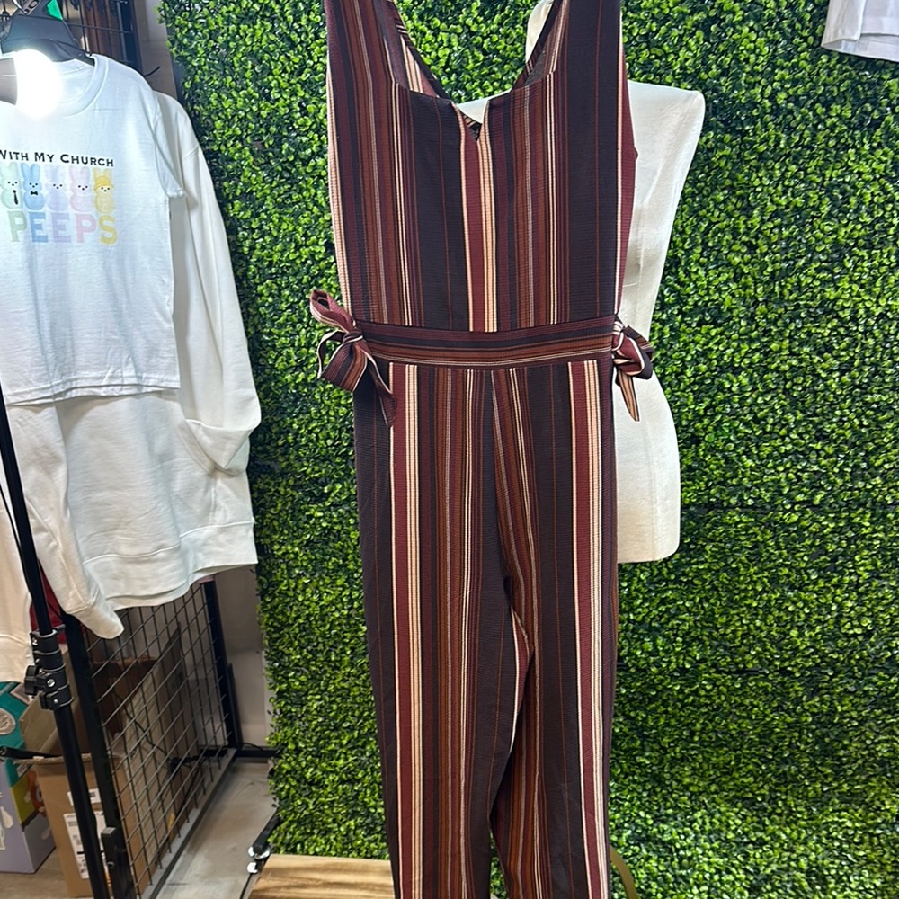 Xhilaration Brown Maroon Vertical Stripe Jumpsuit